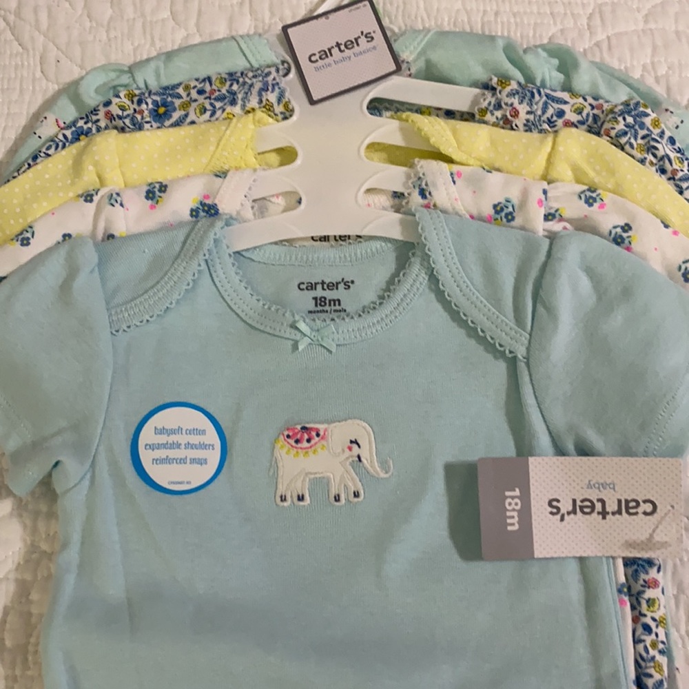5 piece Carter’s baby girl onesies blue yellow 18m